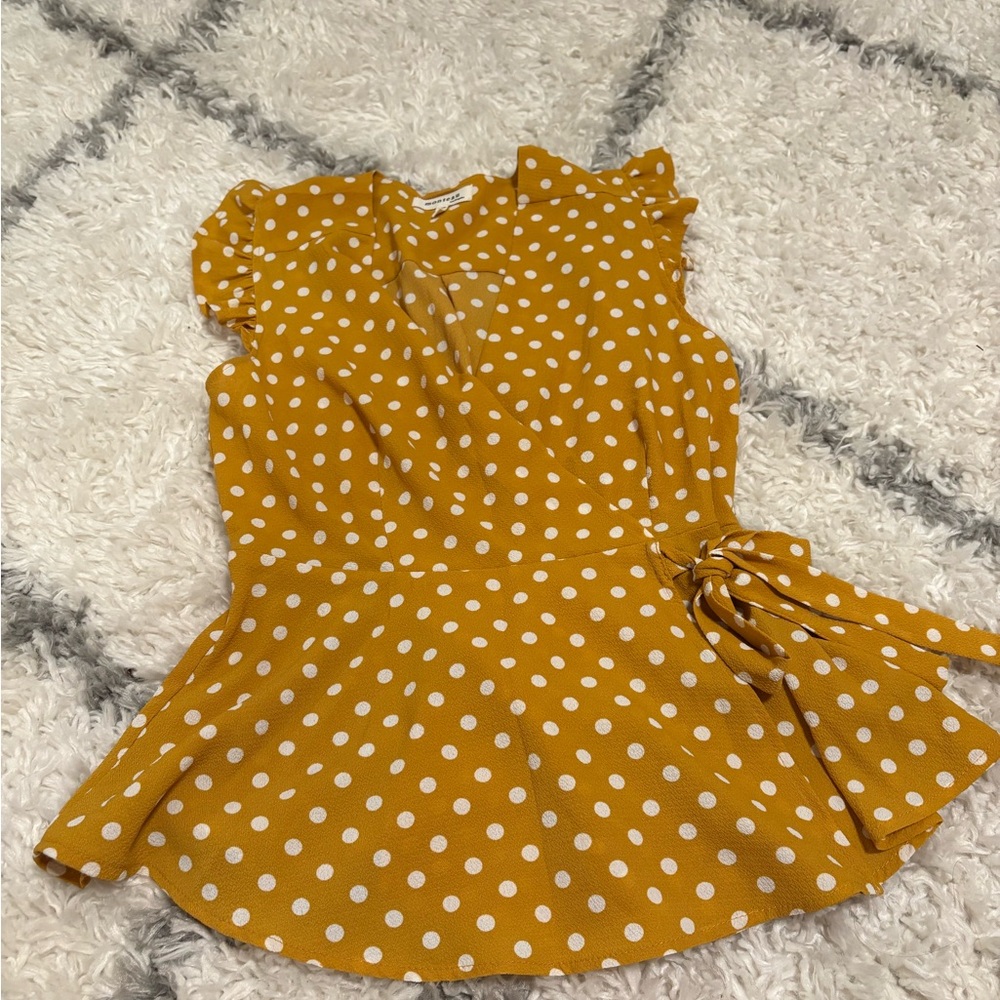 Monteau Mustard Polka Dot Wrap Blouse - Picture 2 of 3